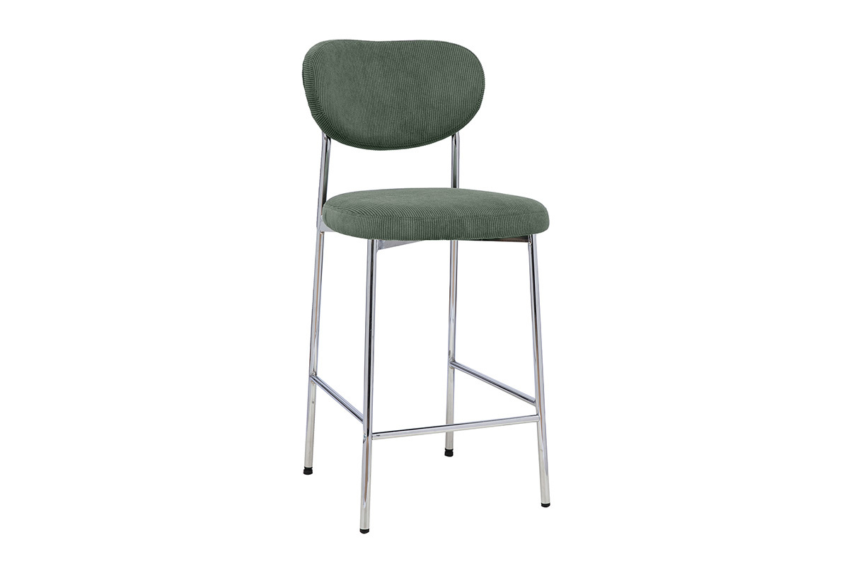 Sgabello da bar fisso in tessuto velluto a coste verde kaki, design moderno, altezza H65 cm