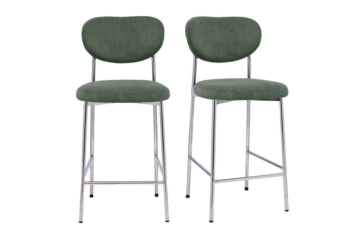 Sgabelli da bar fissi in tessuto velluto a coste verde kaki, vista frontale, H65 cm, set di 2.