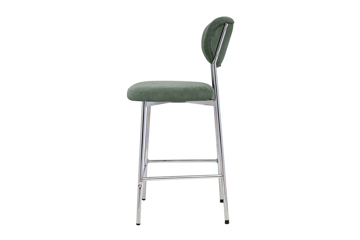 Sgabello da bar fisso in tessuto velluto a coste verde kaki, vista laterale, H65 cm