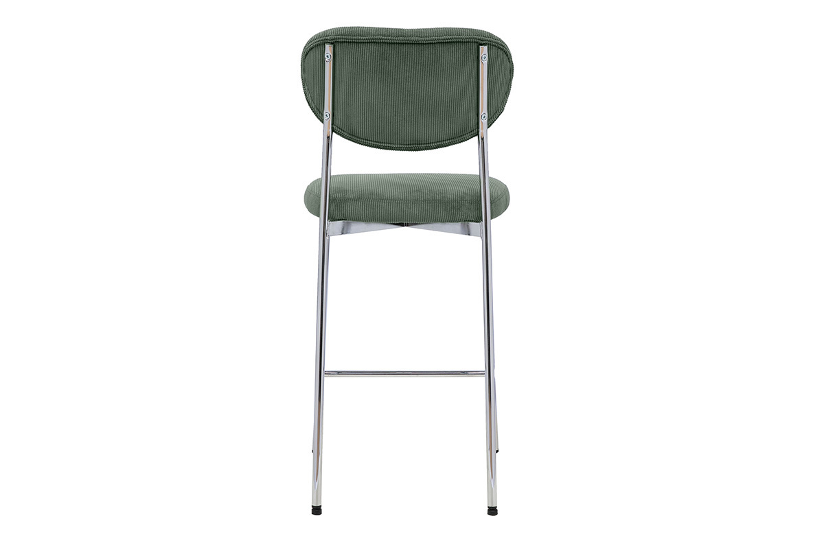 Sgabello da bar fisso in tessuto velluto a coste verde kaki, vista posteriore, H65 cm, modello BREKA.