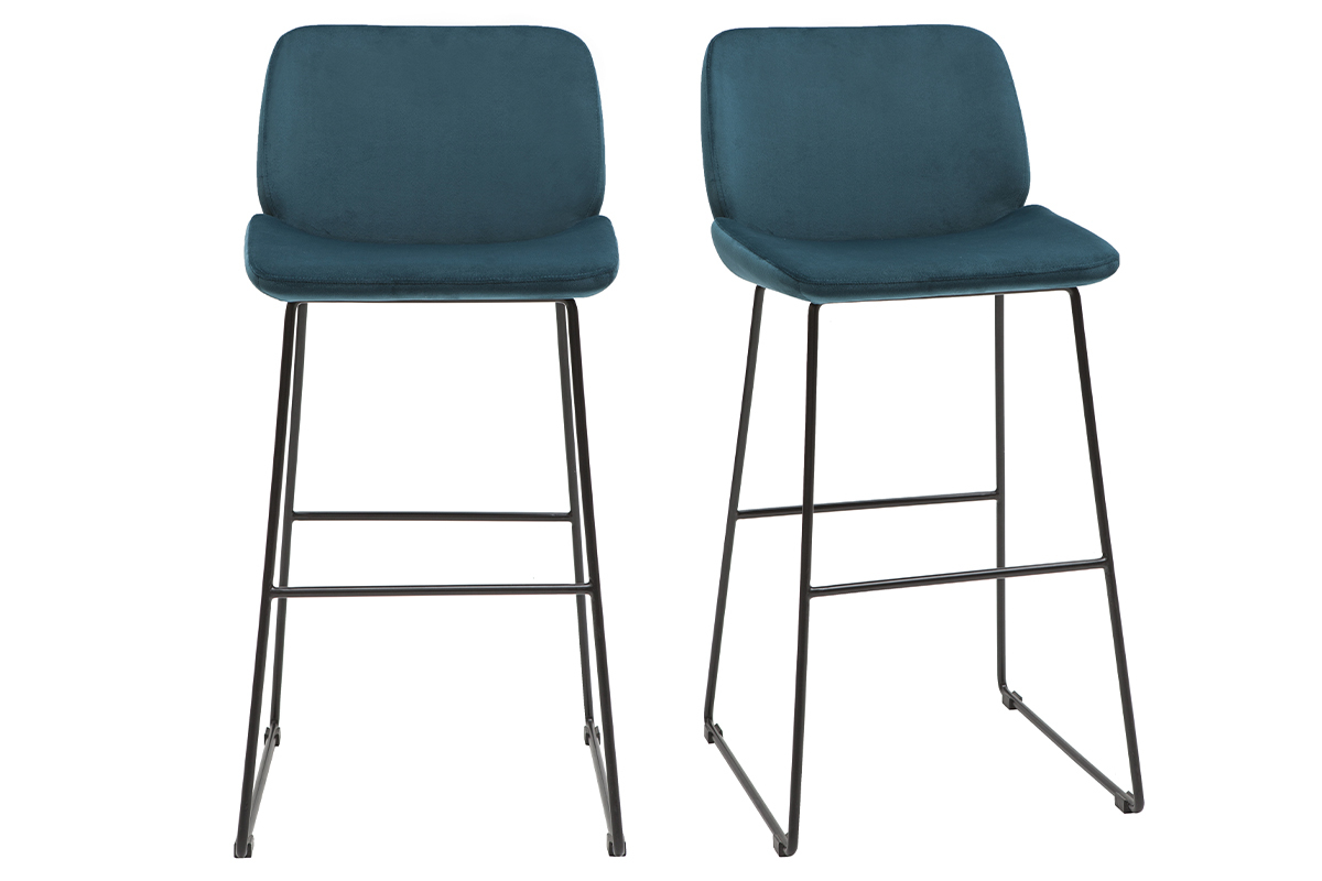 Sgabelli da bar fissi in tessuto velluto blu anatra base metallo nero H65 (set di 2) KAOLY