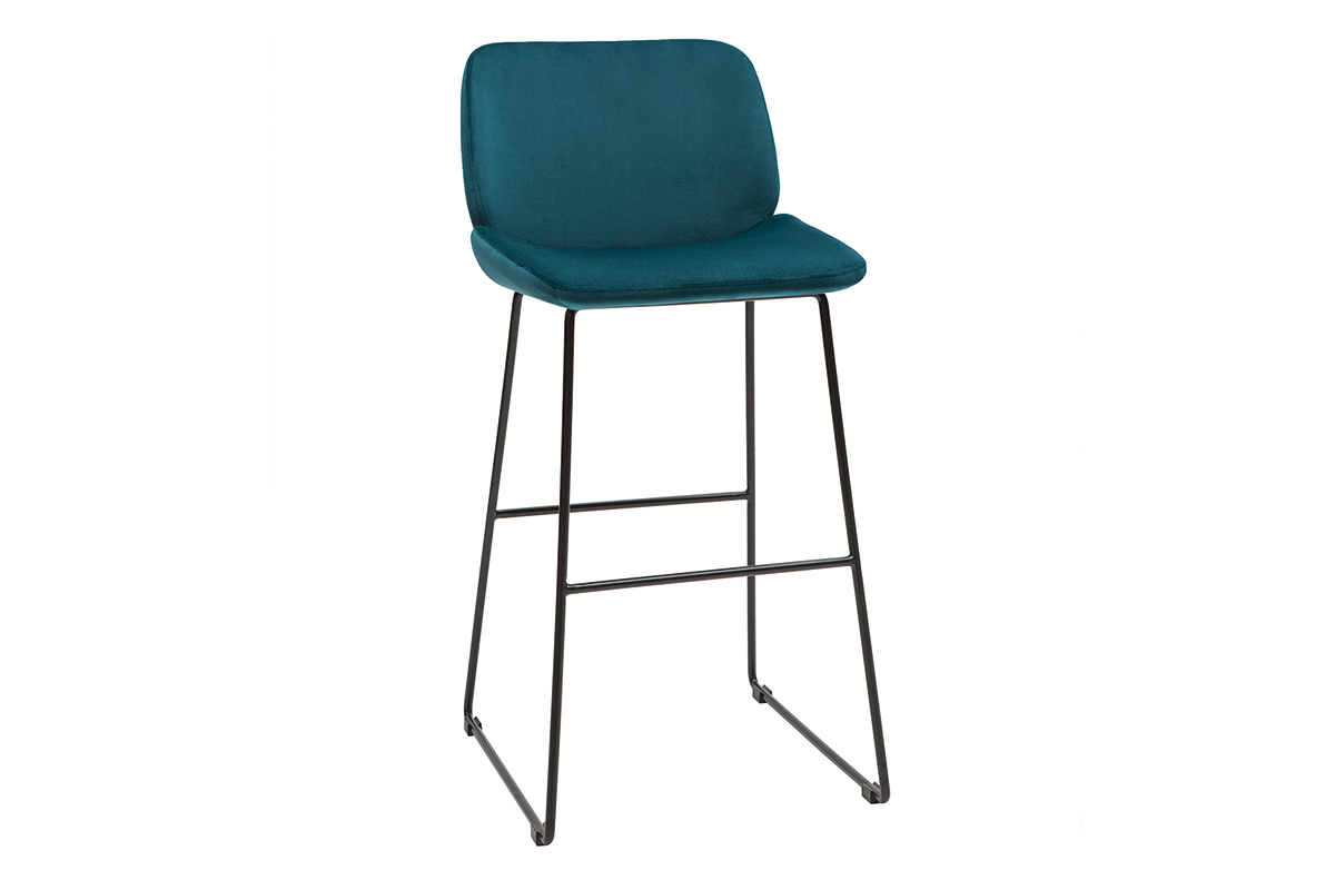 Sgabelli da bar fissi in tessuto velluto blu anatra base metallo nero H65 (set di 2) KAOLY