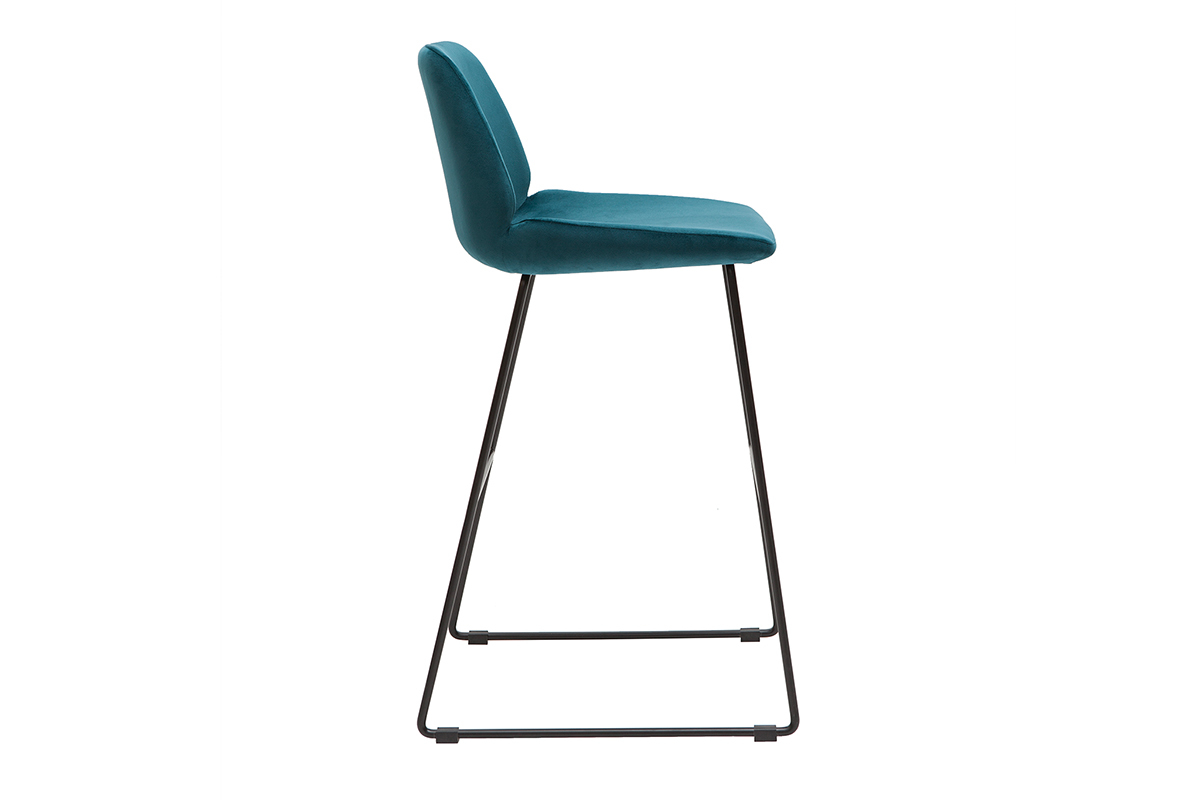 Sgabelli da bar fissi in tessuto velluto blu anatra base metallo nero H65 (set di 2) KAOLY