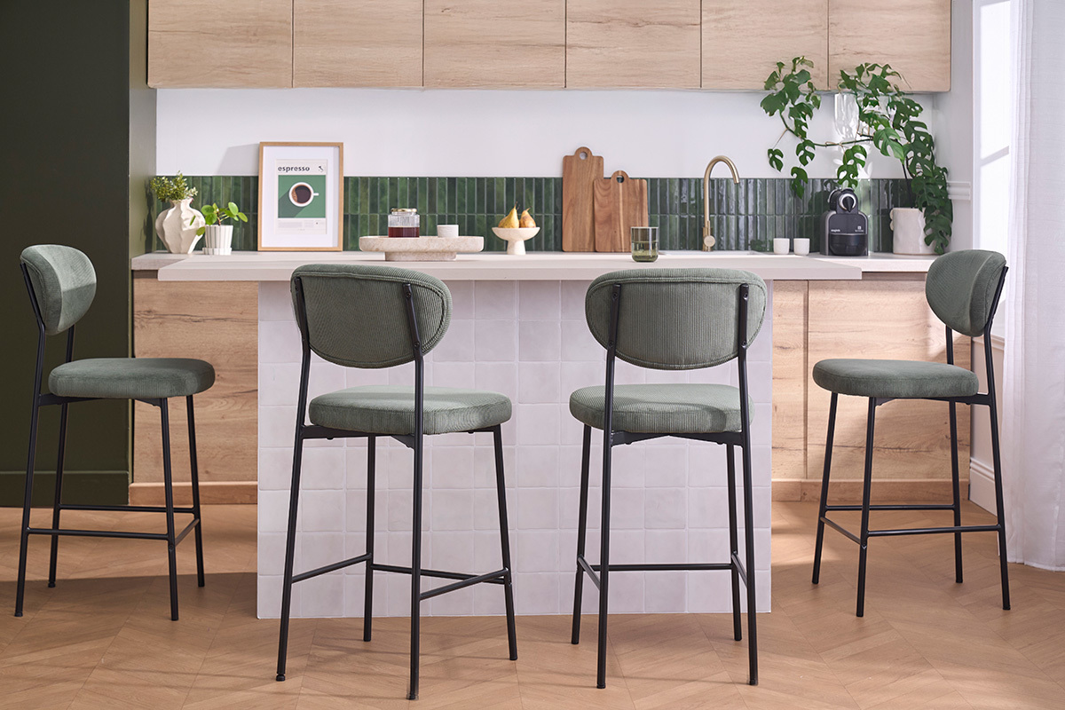 Sgabelli da bar fissi in velluto a coste verde kaki H65 cm (set di 2) BREKA