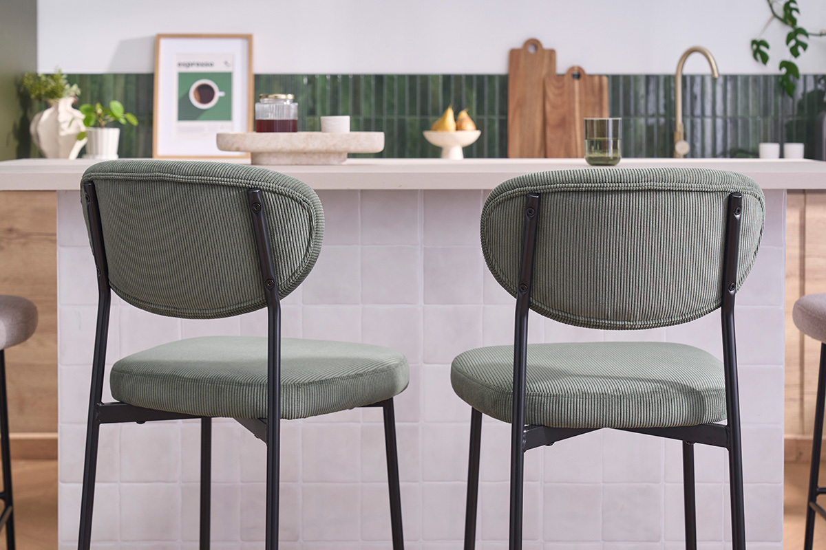 Sgabelli da bar fissi in velluto a coste verde kaki H65 cm (set di 2) BREKA