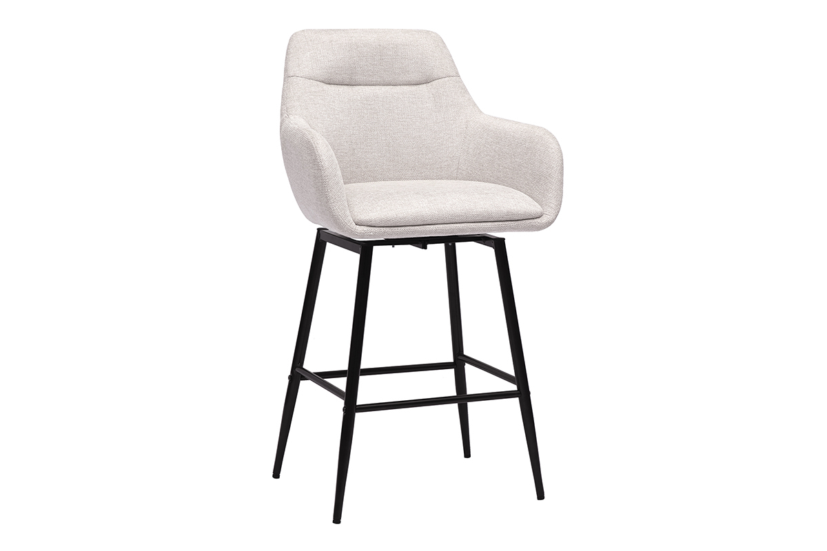 Sgabello da bar in tessuto velluto beige e metallo nero, angolo 3/4.