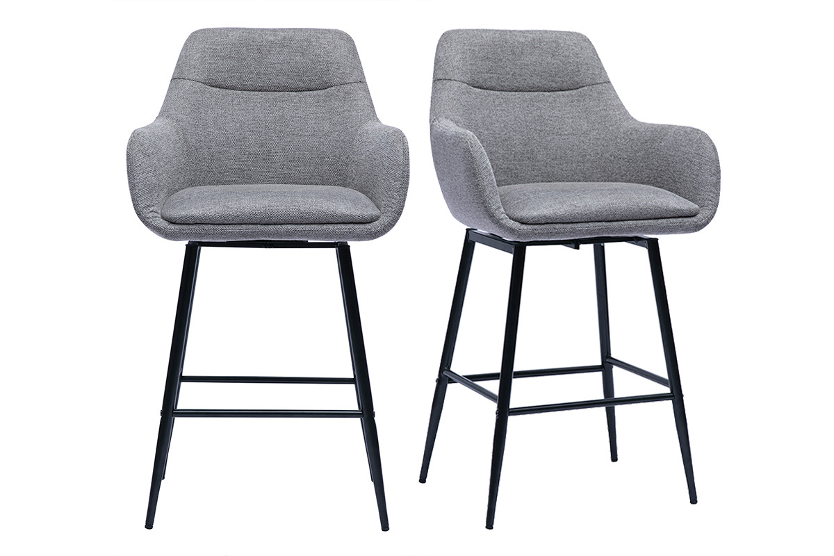 Due sedie alte grigie con braccioli e gambe nere, vista frontale.