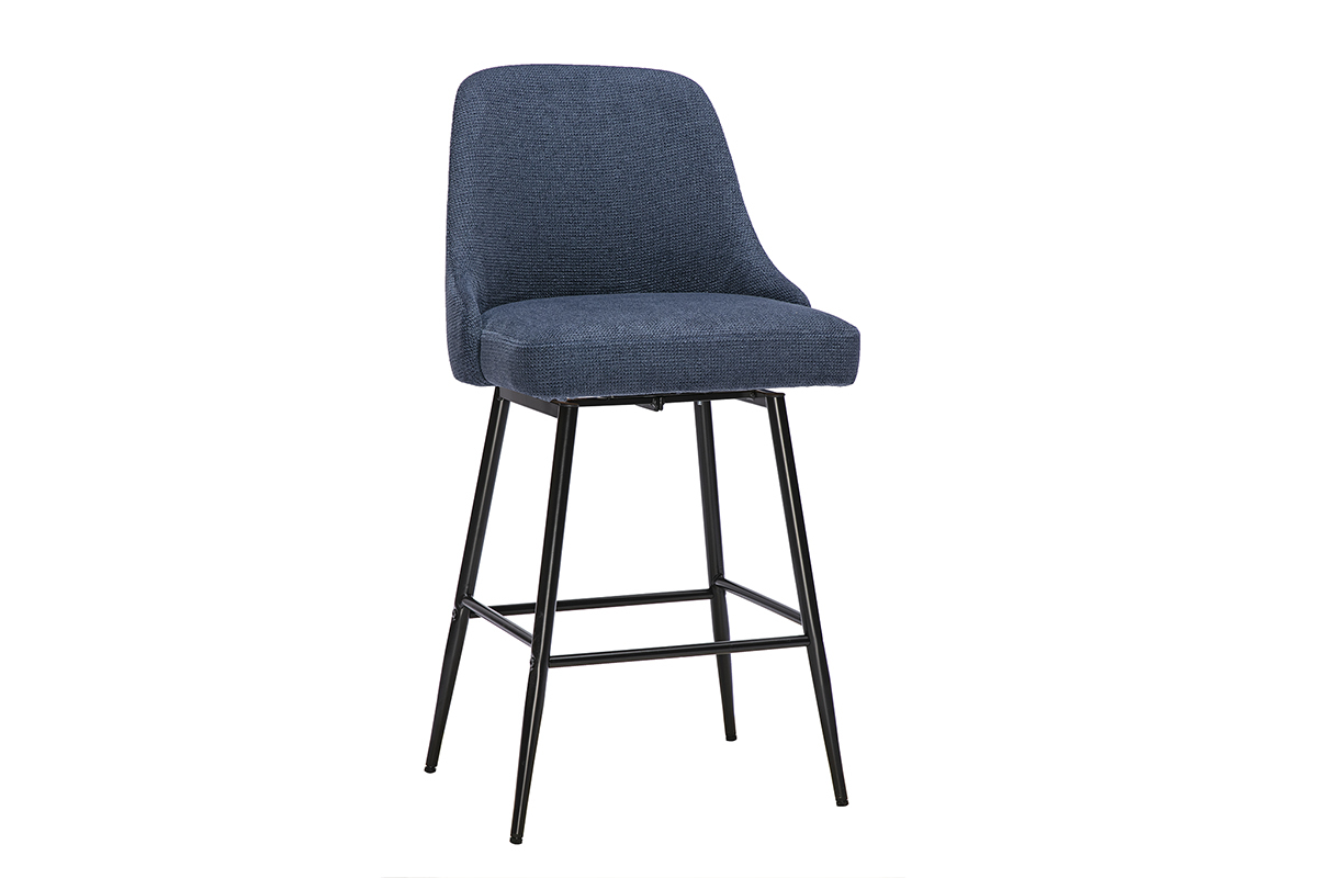 Sgabello da bar girevole in tessuto chenille blu scuro e metallo, vista a 3/4