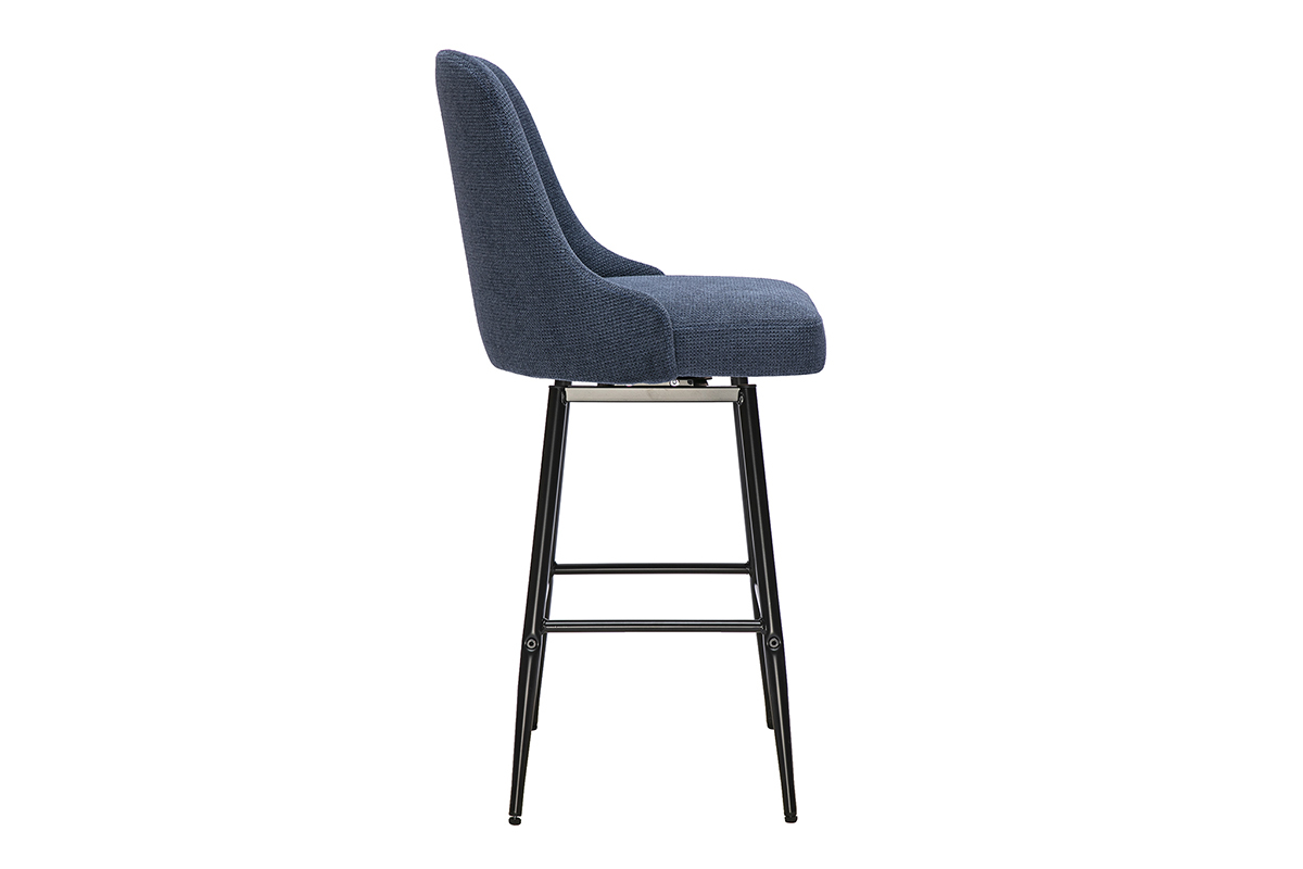 Sgabello da bar HASTA in tessuto ciniglia blu scuro, vista laterale, altezza 66 cm.
