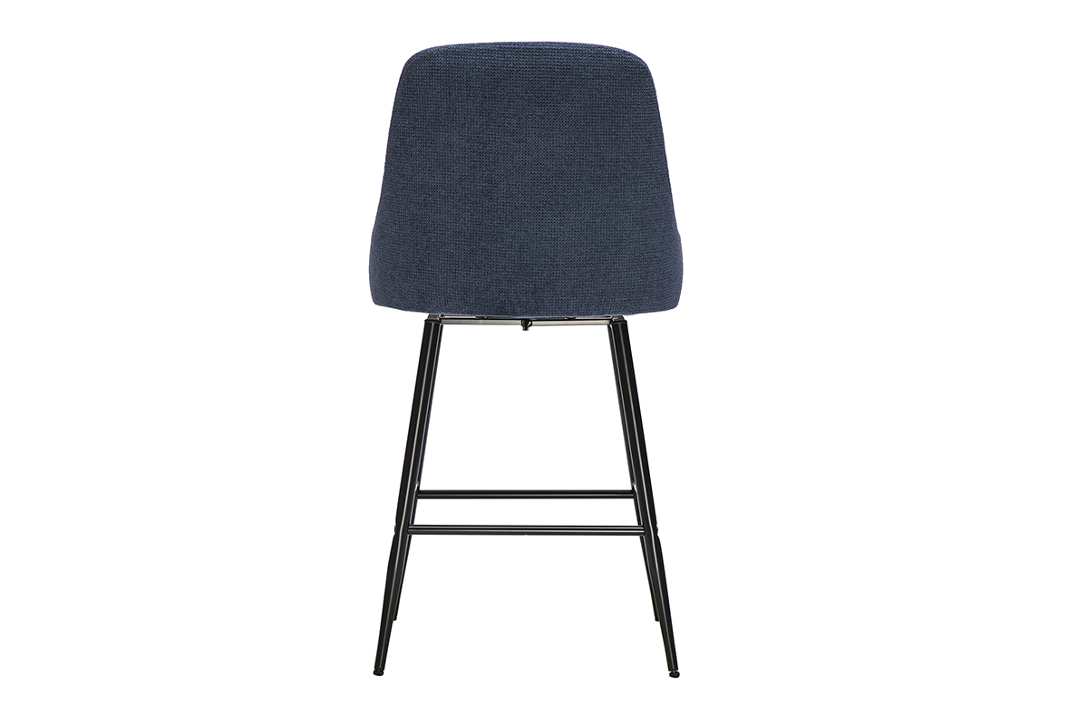 Sgabello da bar girevole in tessuto chenille blu scuro, vista posteriore, con gambe in metallo nero.
