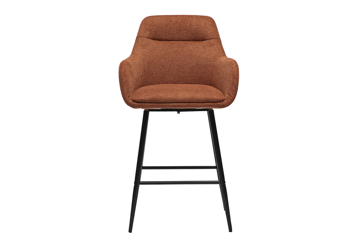 Sgabello da bar girevole in tessuto color terra bruciata e metallo, vista frontale.
