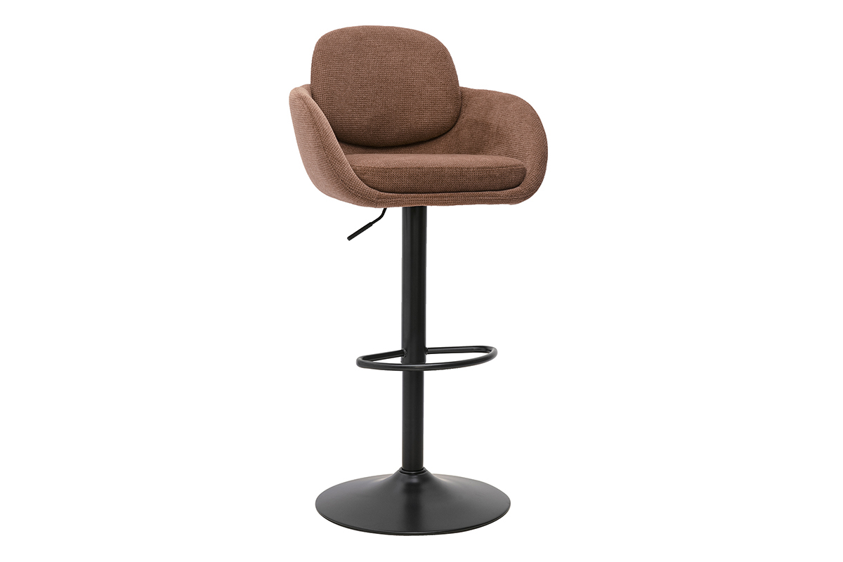 Sgabello da bar regolabile girevole a 360� in tessuto chenille color terra bruciata e metallo nero, vista in 3/4.