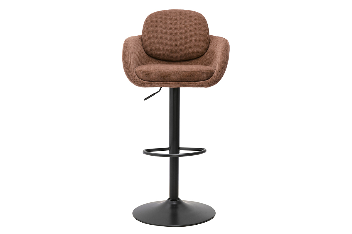 Sgabello da bar regolabile girevole a 360� in tessuto boucl� color terra bruciata e metallo nero, vista frontale.