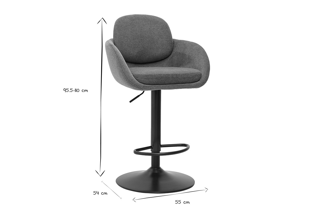 Dimensioni degli sgabelli da bar SLAKE in nero e bianco, altezza 95,5-110 cm, seduta 54 cm, larg. 55 cm.