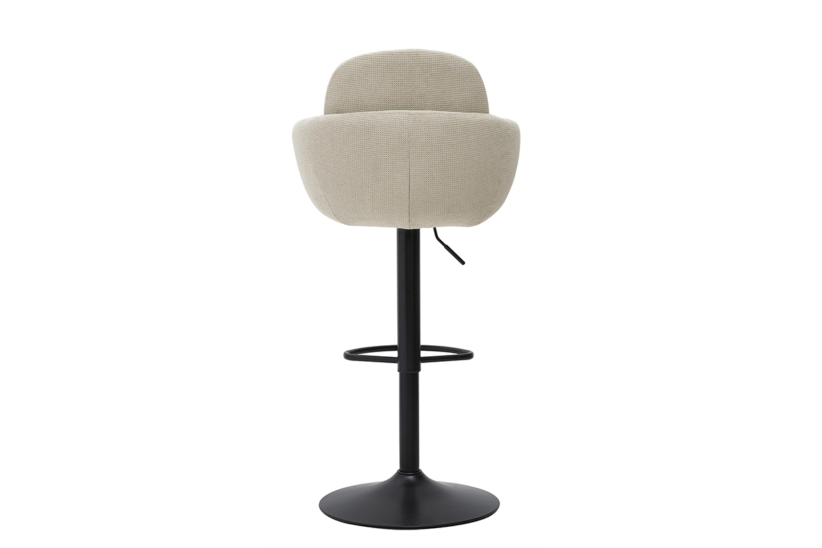 Sgabello da bar in tessuto beige, girevole a 360� con base in metallo nero, vista posteriore.
