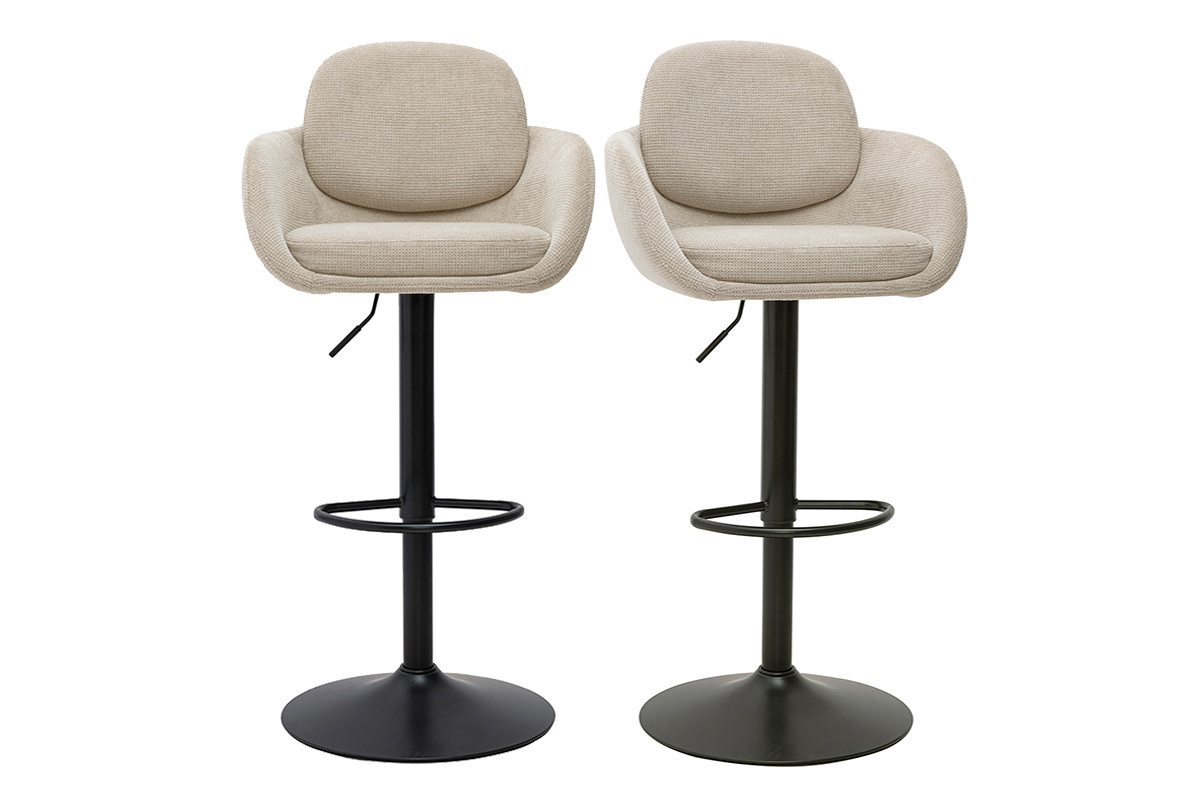 Set di 2 sgabelli da bar regolabili in tessuto beige e metallo nero, vista frontale