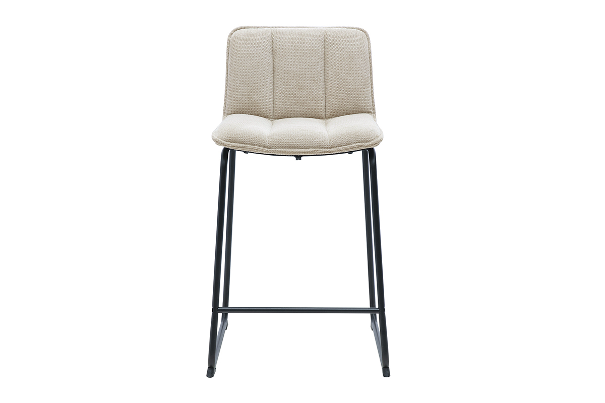 Sgabello da bar in tessuto ciniglia beige con base in metallo nero, vista frontale.