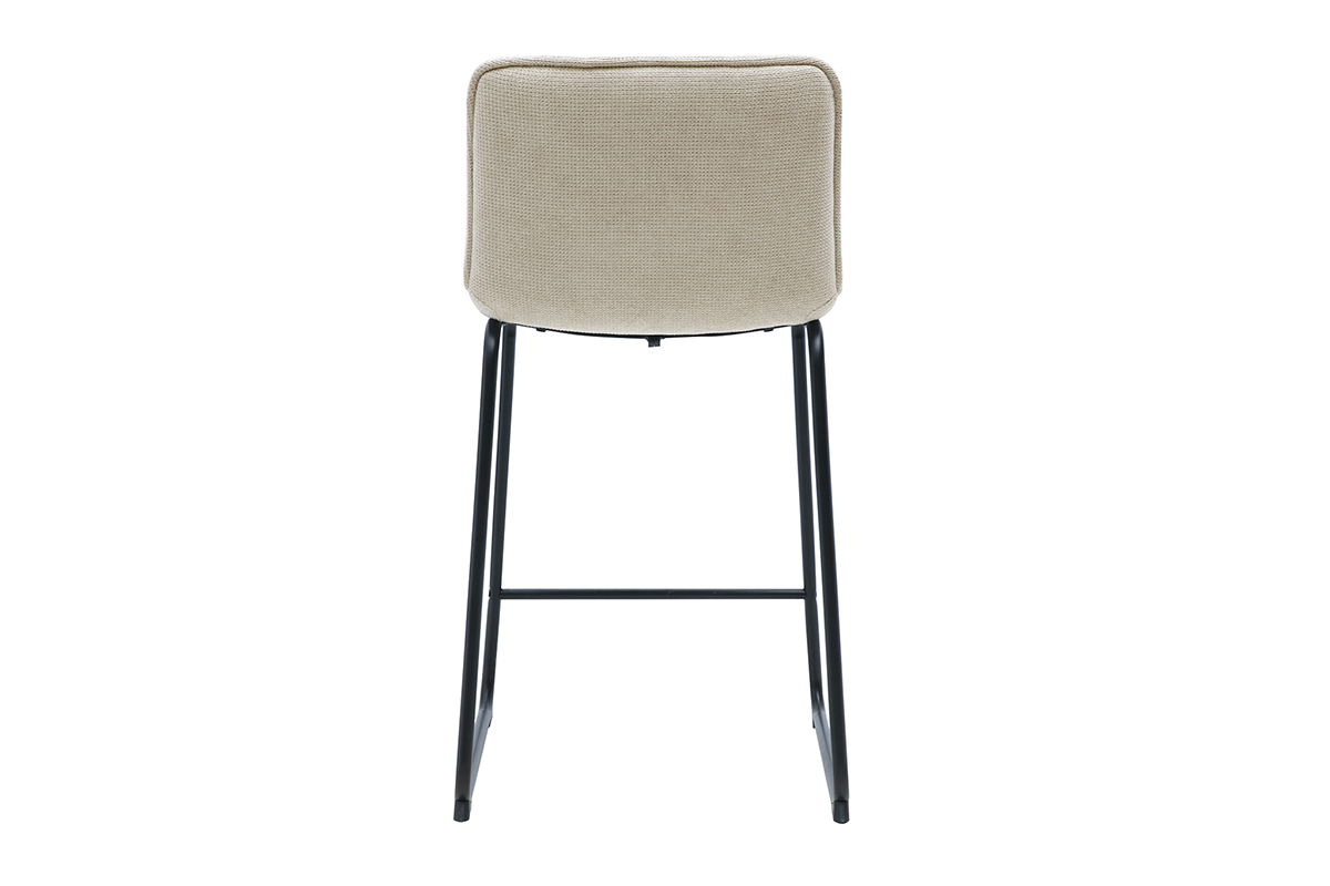 Sgabello da bar in tessuto ciniglia beige con struttura in metallo nero, vista posteriore.