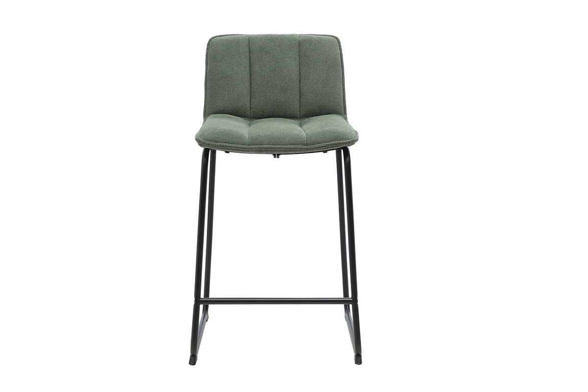 Sgabello da bar in tessuto chenille verde kaki e metallo nero, vista frontale