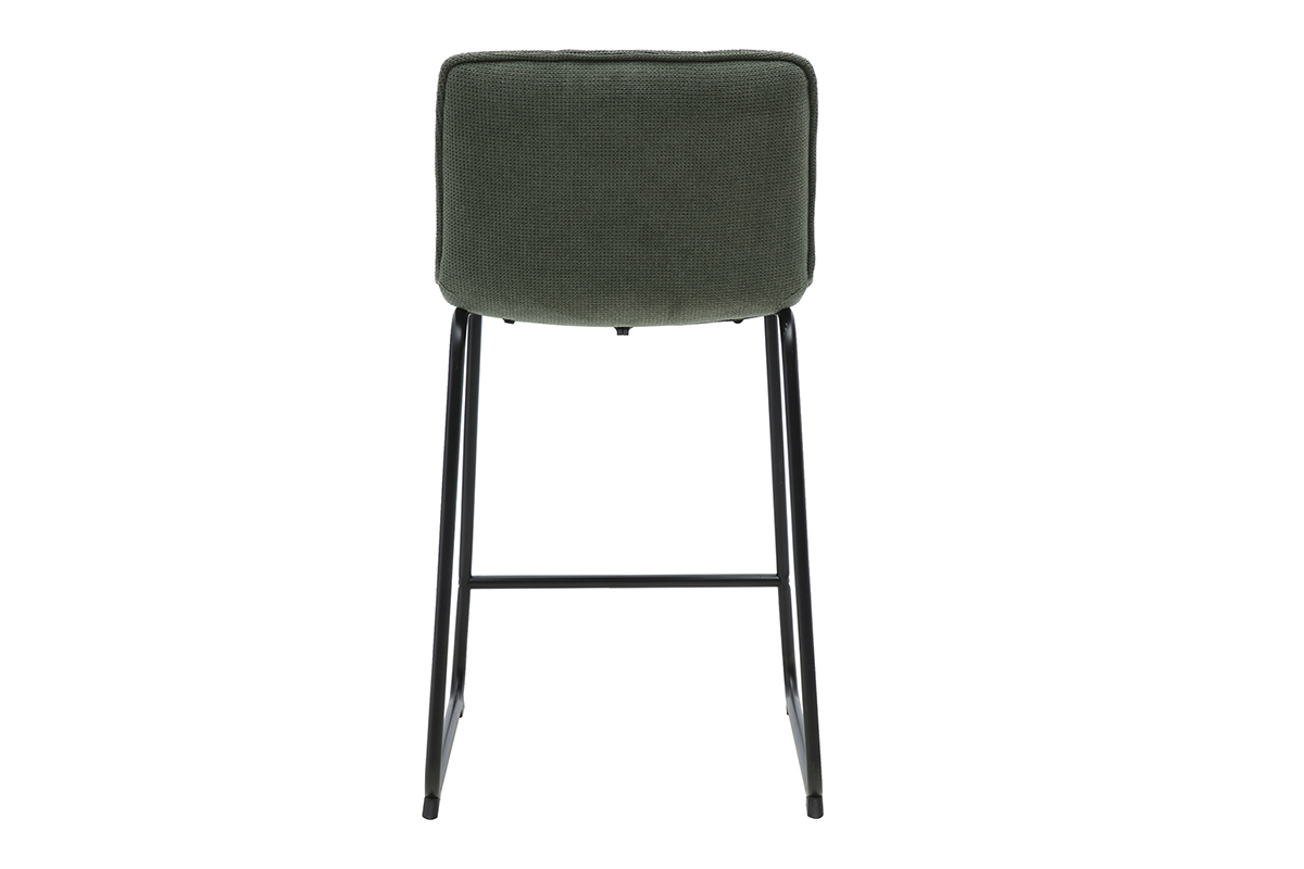 Sgabello da bar verde kaki in tessuto con base in metallo nero, vista posteriore.