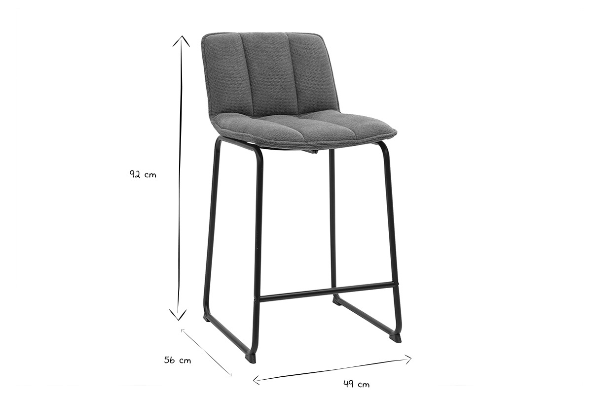 Dimensioni degli sgabelli da bar VISTO in bianco e nero: H92 cm, L49 cm, P56 cm.