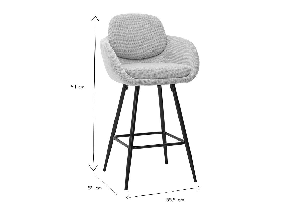 Dimensioni sgabelli in tessuto beige e metallo nero: altezza 99 cm, larghezza 54 cm, profondit� 55,5 cm, nero e bianco.