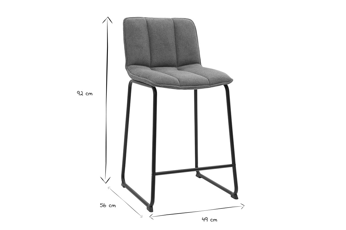 Dimensioni degli sgabelli da bar in bianco e nero: H92 cm, L49 cm, P56 cm, altezza della seduta 65,6 cm.