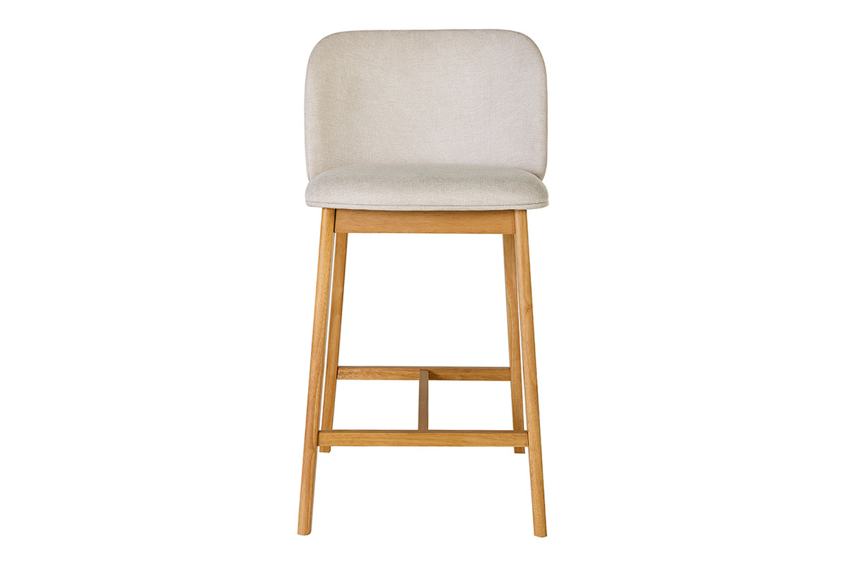 Sgabello da bar beige con gambe in legno chiaro, vista frontale.