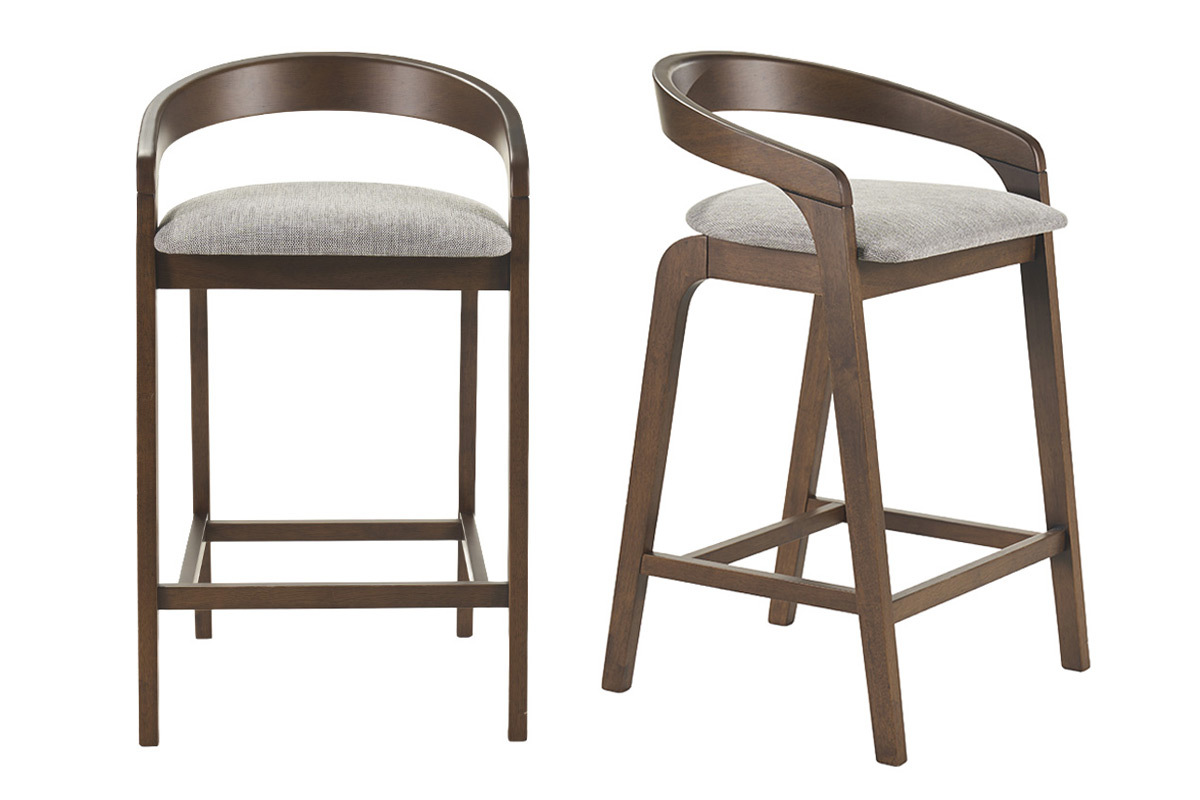 Due sgabelli da bar grigi in legno scuro, vista frontale e laterale.