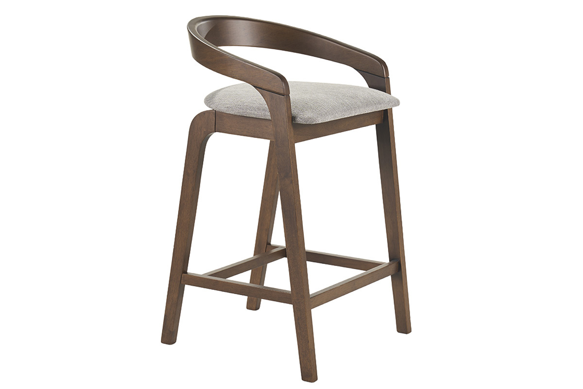 Sgabello da bar in tessuto grigio e legno scuro, vista da 3/4.