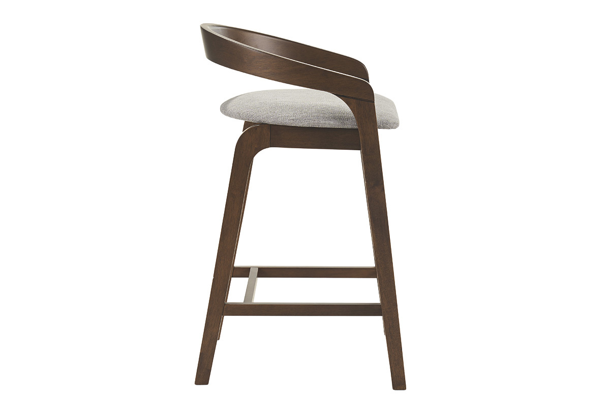 Sgabello da bar grigio con schienale in legno scuro, vista laterale.