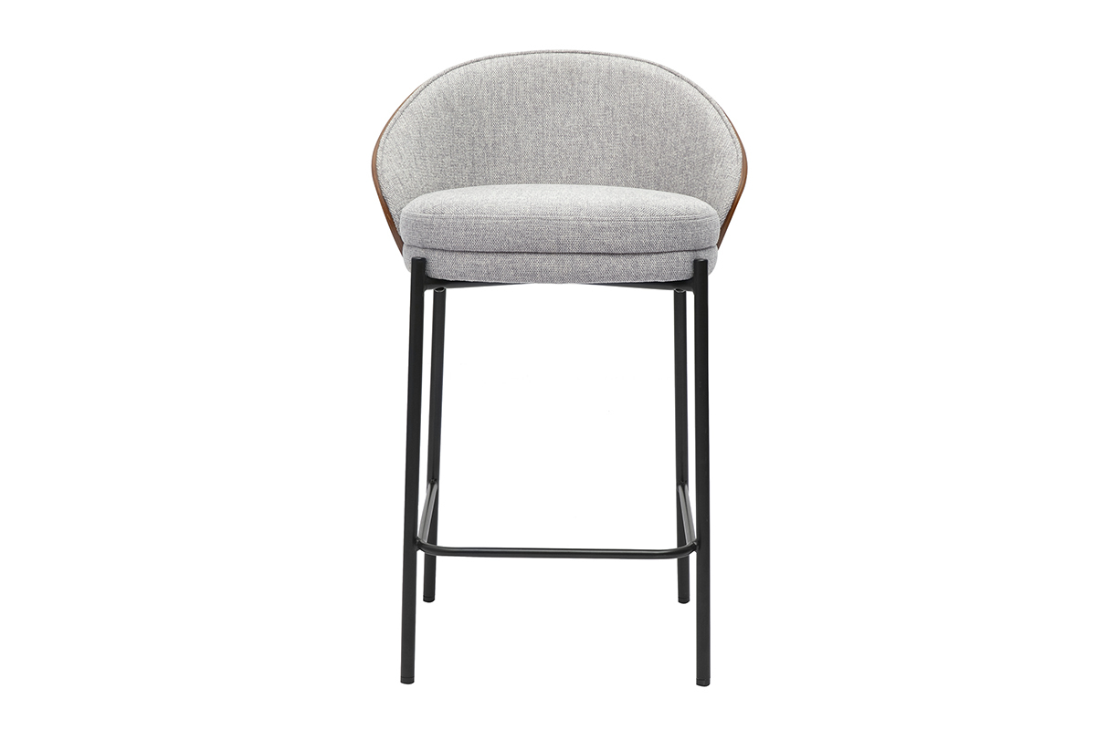 Sgabello da bar in tessuto grigio, legno scuro, metallo nero, vista frontale.