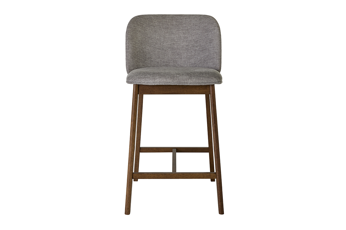 Sgabello da bar in tessuto grigio e legno scuro, vista frontale, H69 cm.
