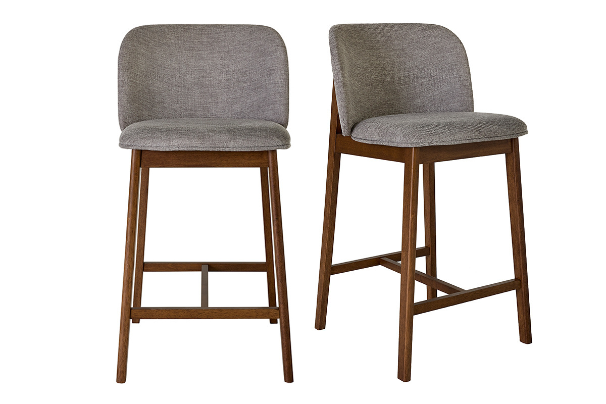 Sgabelli da bar in tessuto effetto velluto grigio texture e legno scuro H69 cm (set di 2) TIEGA