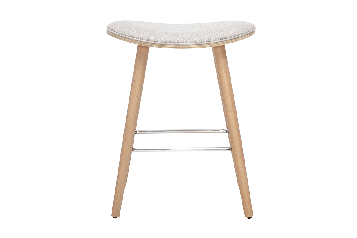 Sgabello da bar in tessuto beige e legno chiaro, vista frontale.