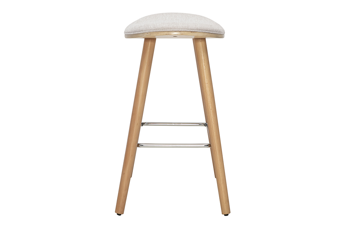 Sgabello da bar in tessuto beige e legno chiaro, vista laterale, altezza 65 cm.