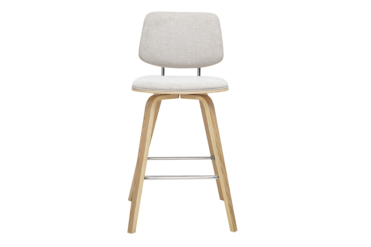 Sgabello da bar beige in tessuto effetto velluto, vista frontale con gambe in legno chiaro.