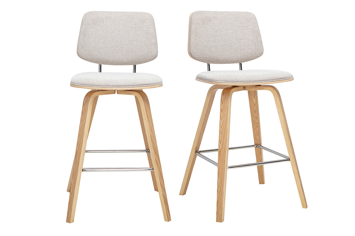 Set di 2 sgabelli da bar in tessuto effetto velluto beige e legno chiaro, H66 cm, visti frontalmente