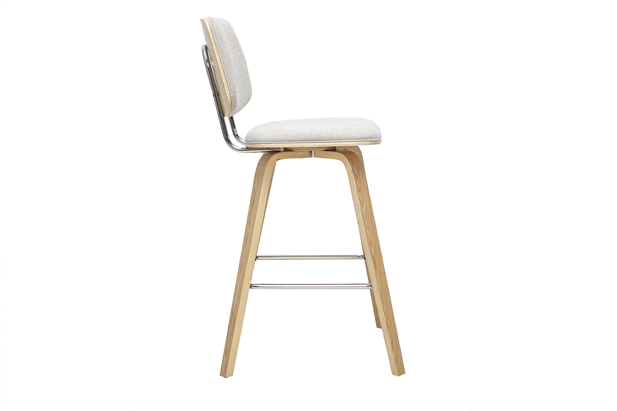 Sgabello da bar beige in tessuto effetto velluto, vista di profilo, struttura in legno chiaro.