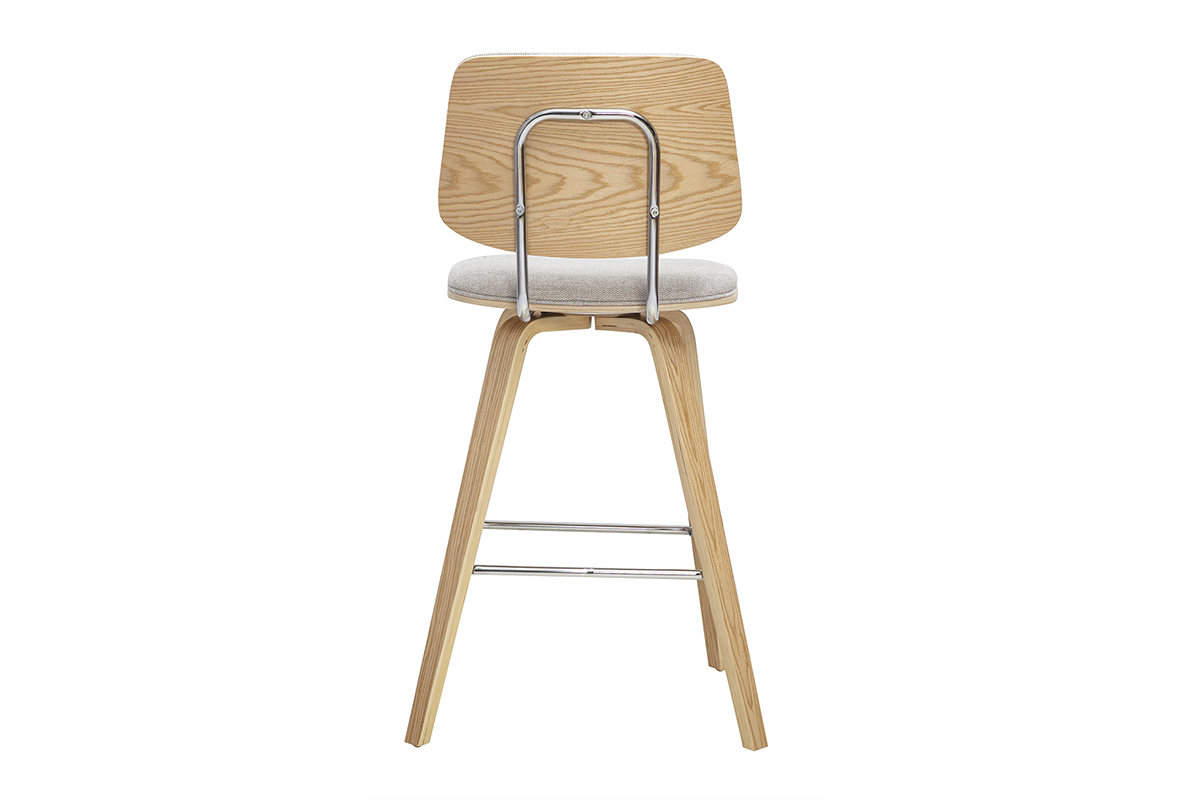 Tabouret de bar SEGUR in tessuto beige e legno chiaro, vista da dietro.