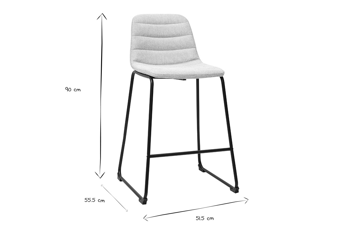 Dimensioni dello sgabello SAURY in nero e bianco: H90 cm, L51,5 cm, P55,5 cm.