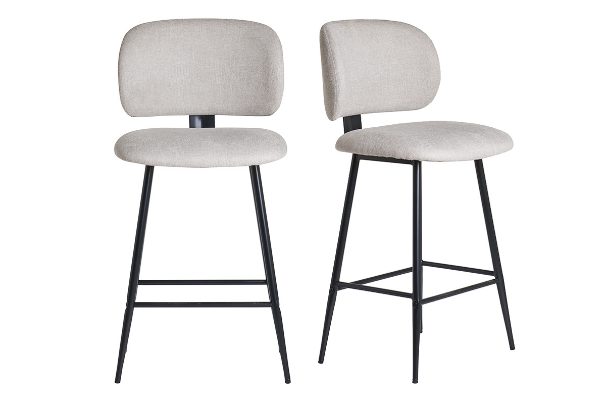 Sgabelli da bar in tessuto effetto velluto testurizzato beige e metallo nero H70 cm (set di 2) ATRIUM