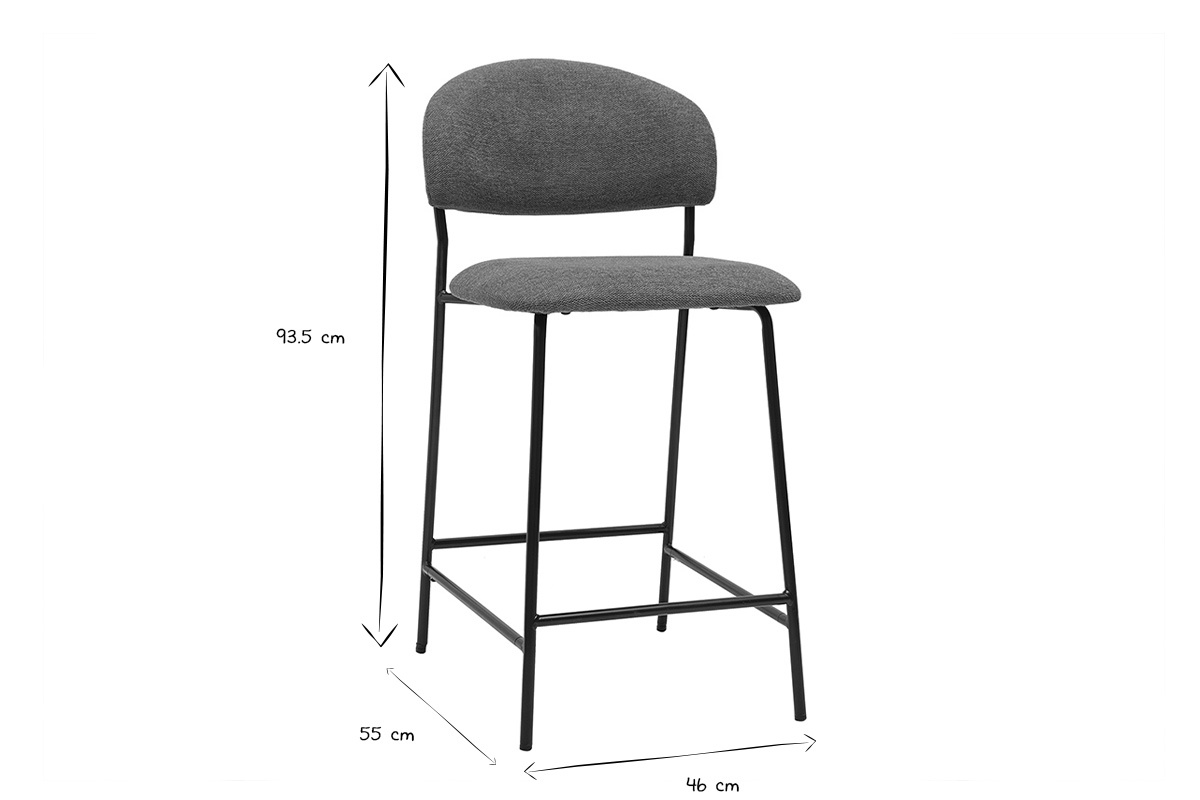 Dimensioni di uno sgabello da bar, altezza 93,5 cm, larghezza 46 cm, profondit� 55 cm, in nero e bianco.