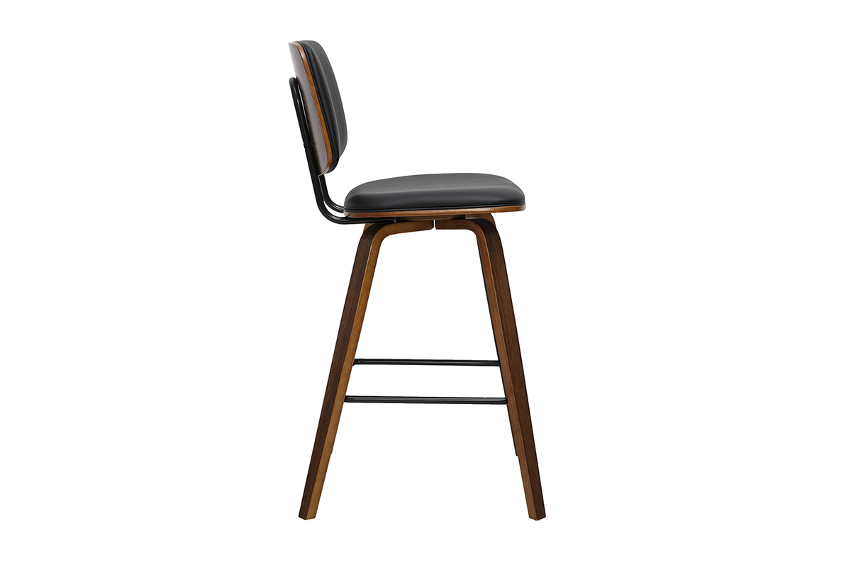 Sgabello da bar nero e legno scuro, vista di profilo, altezza 66 cm.