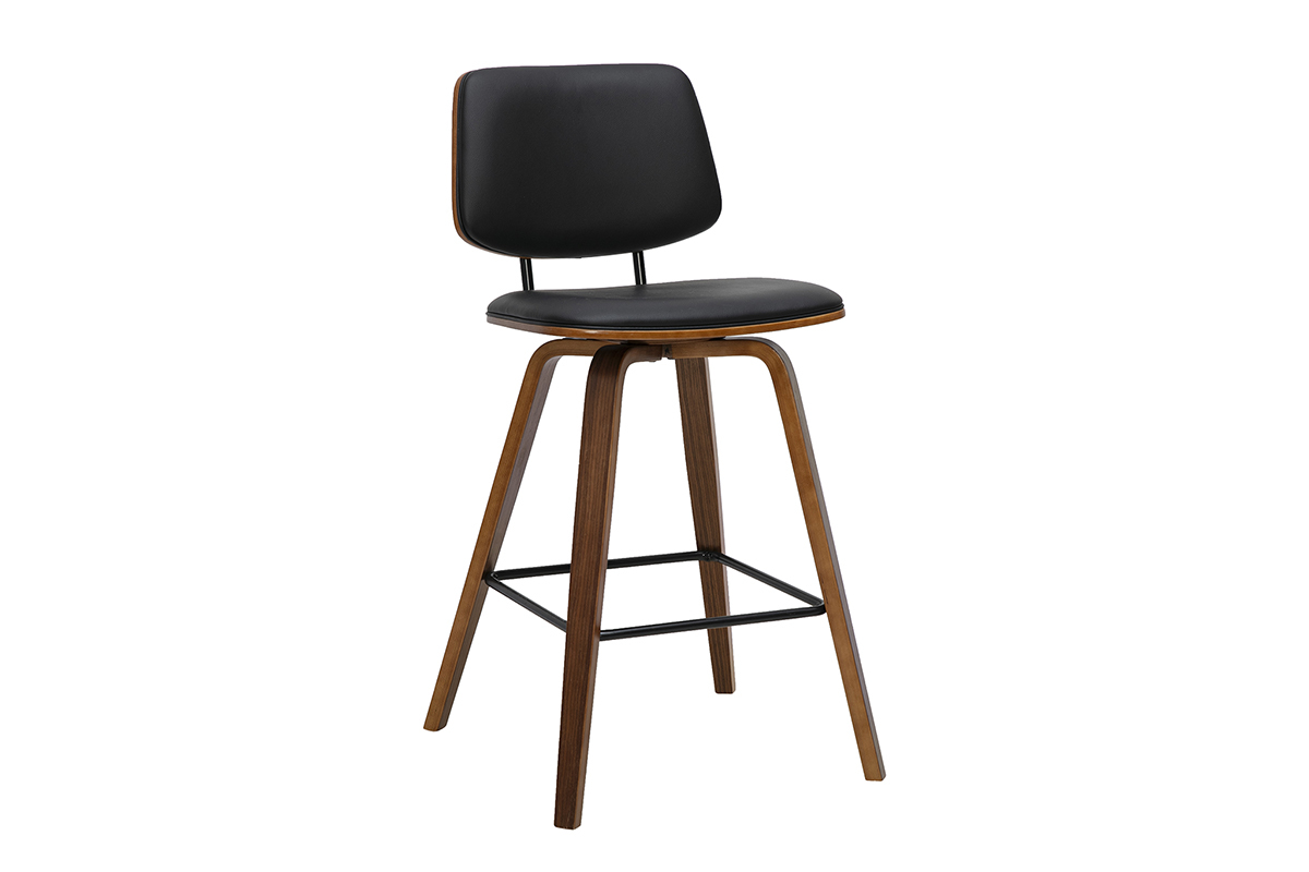 Sgabello da bar nero e legno scuro, vista 3/4, H66 cm, stile contemporaneo