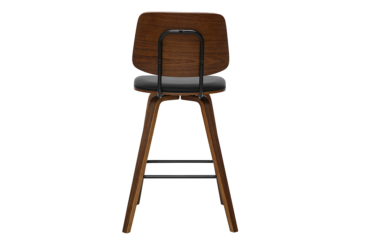 Sgabello da bar nero e legno scuro visto da dietro, altezza 66 cm, design moderno.