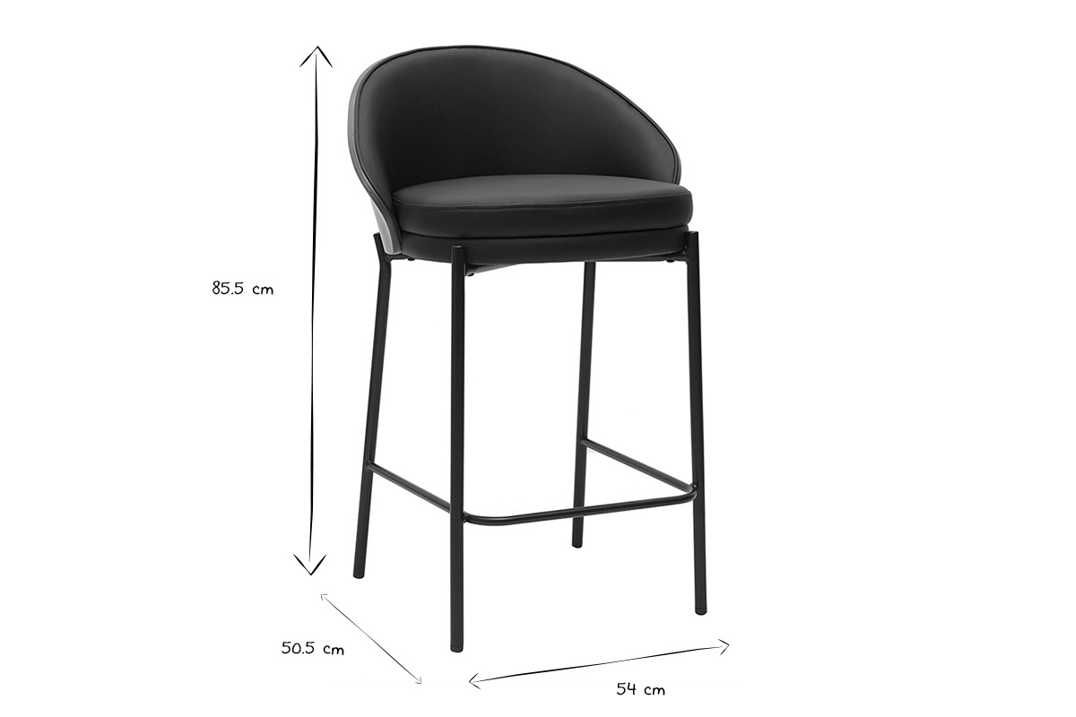 Dimensioni di uno sgabello da bar nero in bianco e nero, altezza 85,5 cm, larghezza 54 cm, profondit� 50,5 cm.