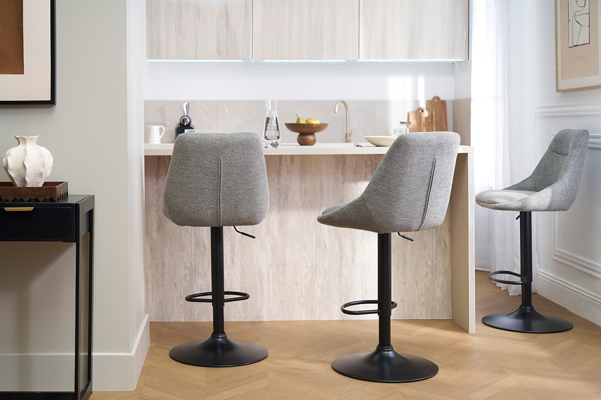 Sgabelli da bar regolabili e orientabili a 360� in tessuto effetto velluto grigio testurato e metallo (set di 2) ALESS