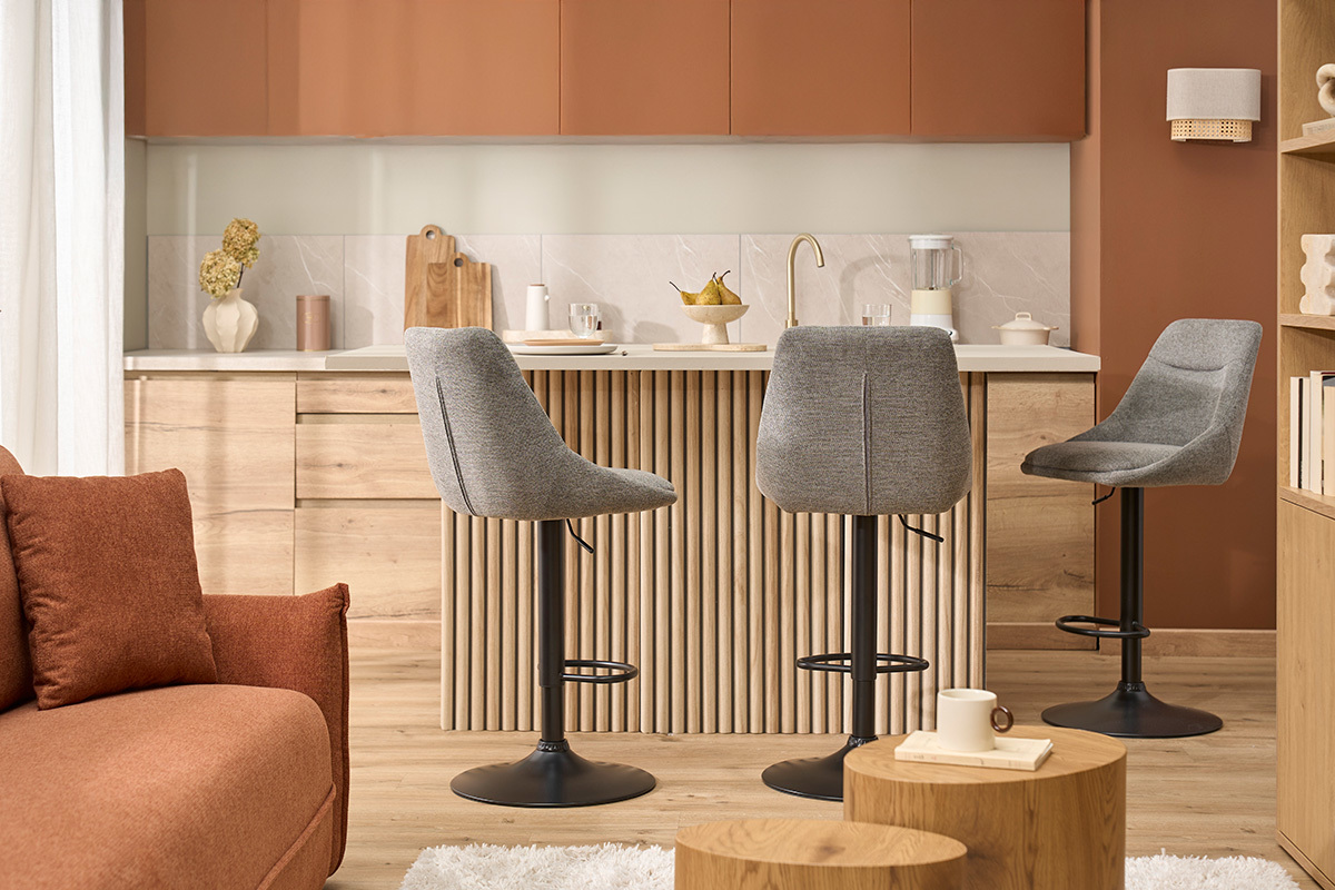 Sgabelli da bar regolabili e orientabili a 360� in tessuto effetto velluto grigio testurato e metallo (set di 2) ALESS