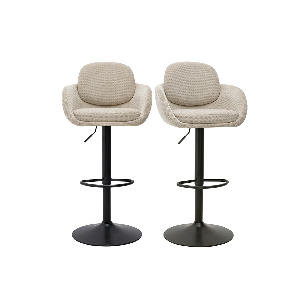 Sgabelli da bar girevoli regolabili a 360° in tessuto ciniglia beige e metallo nero (set di 2) SLAKE